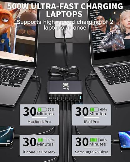 500W USB C Charger Block, GaN3 Charging Station 8-Port Fast USB Charger Block Dual 100W PD USBC Fast Charging Station Desktop Hub Compatible with iPhone 17 16 15 14/Pro Max/MacBook Pro/Air/iPad(Black)