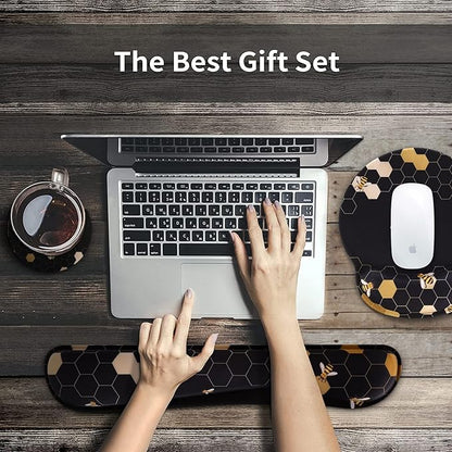 iCasso Desk Mat, Gaming Mouse Pad Wrist Support Set,4in1 XXL Large Mousepad + Keyboard Wrist Rest+Mouse Wrist Rest+Coaster Set with Ergonomic Design for Home Office Table Computer-Honeycomb