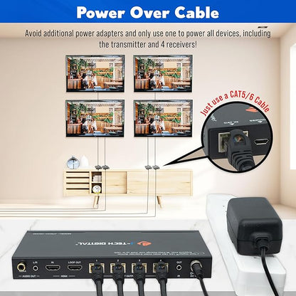J-Tech Digital HDMI 2.0 4K 1x4 Splitter Extender Over Single Cable CAT6 with PoC Up to 196 FT 1-in 4-Out w/Local Loop Output & Low Latency [JTECH-14EX50]