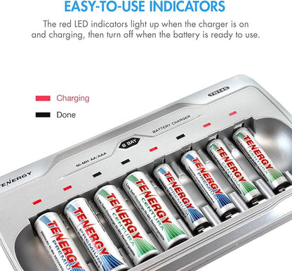 Tenergy TN145 8 Bay Charger and 8 Pack Rechargeable AAA Batteries, Independent Charging, UL & CE Certified