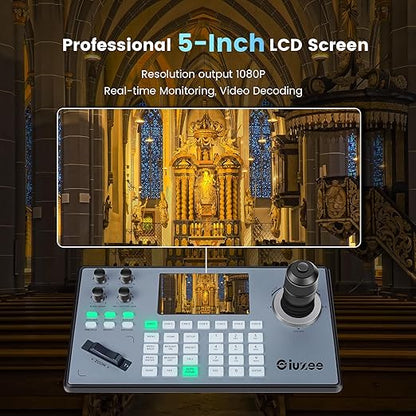 iuZee PTZ Camera Controller 4D Joystick PoE IP PTZ Keyboard with Controller 5" LCD Screen Preview, Support VISCA PELCO-P PELCO-D RS422 RS485 RS232 RJ45, for Live Streaming Meeting/Church Service/Education