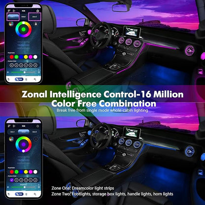 New Version Dreamcolor Acrylic Interior Car Lights 6 in 1 RGB LED Strip Lights with APP Control Zoned Control System 252 Color Modes DIY Fiber Optic Ambient Lighting Kits Music Car Neon Lights