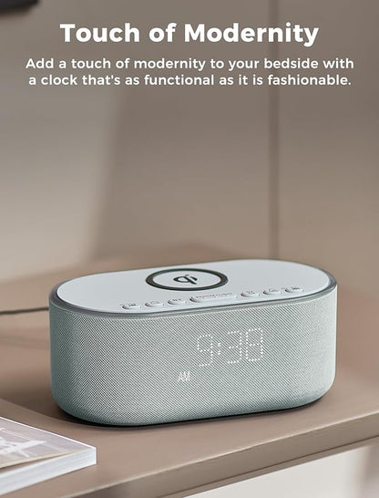 Odokee Wireless Charging Alarm Clock Radio: Qi Certified Fast Wireless Charger for iPhone Samsung - 10W Stereo Bluetooth Speaker - Dimmable Digital Clock with FM Radio for Bedroom Cloud Blue