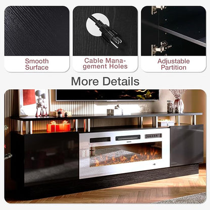 oneinmil Fireplace TV Stand with 36” Electric Fireplace, 70” 2 Tier TV Console Stand for TVs Up to 80", LED Light Entertainment Center, Fireplace for The Living Room TV Stand, Black