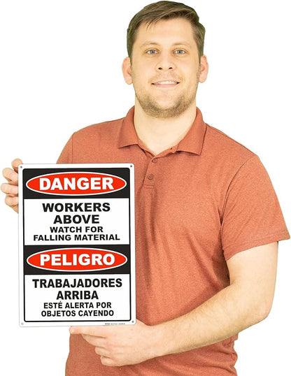 Brimar - 10" x 14" - Bilingual Workers Above Watch For Falling Material Sign - .055″ Polyethylene Plastic - Bold Text And Symbol - Easy Installation