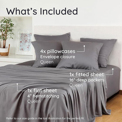 Bambaw 100% Viscose Derived from Bamboo Sheets Queen Size Set – 6pcs Deep Pocket Cooling Queen Sheets, Fits Up to 16'' with Elastic Corner Straps, Buttery Soft Sheets Queen (Dark Gray)