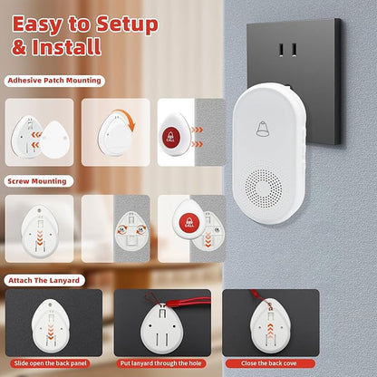 Wireless Caregiver Pager SOS Call Button for Elderly Monitoring 1000+ Feet Life Alert，Emergency Alert System Call Bell for Nurse Patient Disabled 1 Waterproof Transmitter & 1 Plugin Receiver