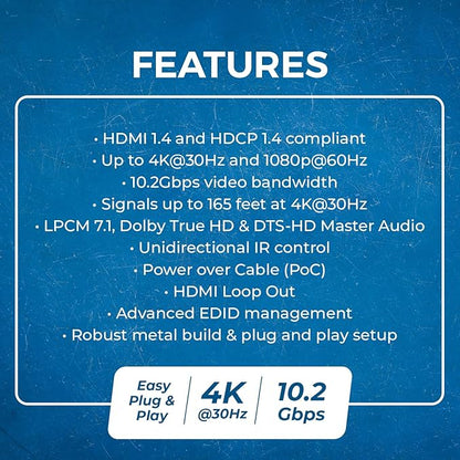 OREI 4K 1x4 HDMI Extender Splitter Over CAT6/7 Ethernet Cable Up to 4K@30Hz upto 165 ft-1080P@60Hz upto 230 ft, IR control, EDID, HDMI Loop Out (HD14-EX165-K)