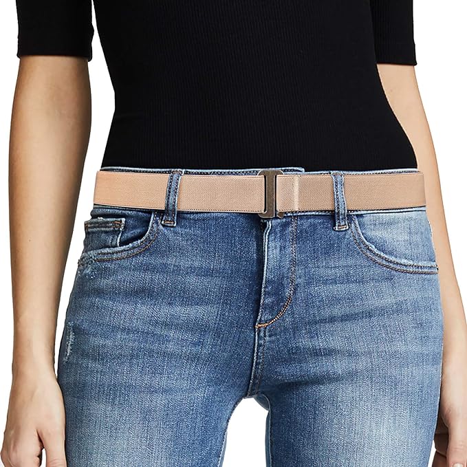 JASGOOD Women No Show Stretch Belt Elastic Web Strap Belt with Flat Buckle for Jeans Pants Dresses