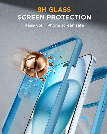 Miracase Magnetic for iPhone 15 Plus Case 6.7'' [Compatible with Magsafe] Full-Body Military Drop Proof 15 Plus Phone Case Cover with Built-in 9H Tempered Glass Screen Protector,Magnetic Blue