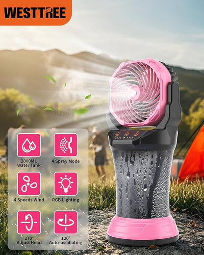 WESTTREE Portable Misting Fan with Large Battery Fan-Rechargeable Outdoor Misting Cooling Fans with 2L Water Tank,RGB Lights,4 Speeds & Spray Modes-for Patio, Camping, Beach, Workshop (Pink)