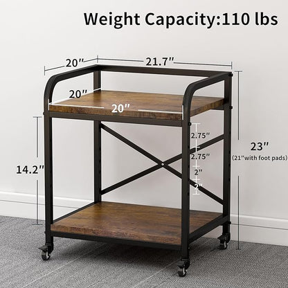 Vokumba 2 Tier Under Desk Printer Stand, Large Printer Table with Height Adjustable Shelf, Rolling Printer Cart with Industrial Wheels for Home Office, Scanner Fax (Rustic Brown)