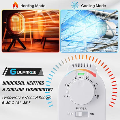 2 Pcs Plug in Thermostat for Heater, Thermostat Plug Outlet with 4.9FT Power Cord, Heating and Cooling Thermostats Outlet with Temperature Probe for Space Heater, Greenhouse Fan (White)