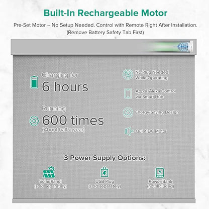 Kilonity Motorized Roller Shades, Light Filtering Remote Control Custom Window Shades Compatible with Alexa Google Assistant via RF Hub, Rechargeable Electric Blinds for Windows (Fireproof Grey)