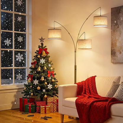 Fansdrick Gold Floor Lamps for Living Room, Super Bright Arc Floor Lamp with Remote Control, 3 Light Tall Floor Lamps with Stepless Dimmable, 80" Mid Century Tree Floor Lamp for Bedroom, Office