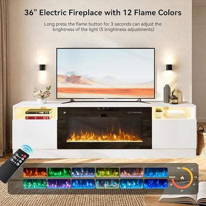 YISUFO 70" TV Stand with 36" Electric Fireplace, Large Modern Media Entertainment Center with Storage Cabinet and 12 Colors LED Lights for TVs Up to 80",White and Black