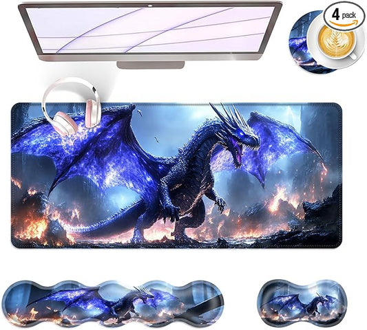 BFUKVOU Large Keyboard Mouse Pad Set, Extended Mouse Pad+Keyboard Wrist Rest Support, Memory Foam Ergonomic Easy Typing, 4Pcs (31.5×11.8 in) Desk Pad Set for Office Home,Fantasy Dragon