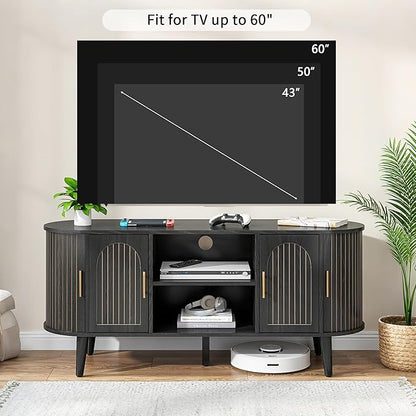 51" Fluted TV Stand, Mid-Century Modern Entertainment Center for Tvs up to 60" with Drawers and Fluted Doors, Curved TV Media Console Table with Sliding Doors for Living Room, Bedroom (51" Black)