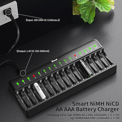 BONAI AA AAA Battery Charger 16 Bay for NiMH Rechargeable Batteries Independent Control with LED Light and Standard American AC Charging Plug, Battery not Included - Black