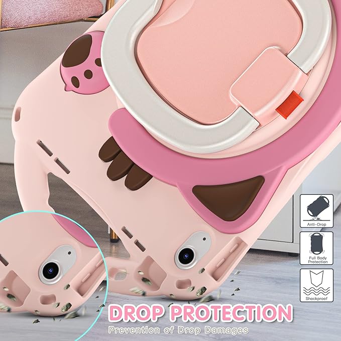 BRAECN Cute Cat Case for iPad (A16) 11th/10th Generation 11”/10.9'' 2025/2022, Silicone Kids Boys Girls Case with Pencil Holder, Carrying Shoulder Strap, 360°Rotating Handle Grip, Kickstand -Pink