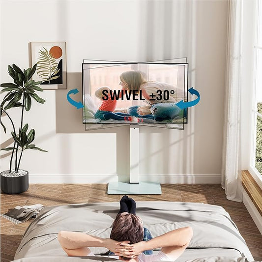 FITUEYES Swivel Floor TV Stand with Mount for TVs 37 43 50 55 60 65 70 75 Inch LCD LED Flat/Curved Screens Universal Swivel Televisions TV Mount Stand for Bedroom Living Room Black Tempered Glass Base