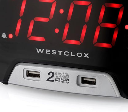 Westclox Large 1.4” Red LED Digital FM Clock Radio with Dual USB A & C Charging Ports, Adjustable Brightness, Dual Alarms & Sleep Timer – Modern Alarm Clock for Bedroom, Home, or Office (Black)