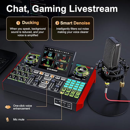 Live Sound Card Audio Mixer, Podcast Equipment Bundle with 3.5mm Condenser Microphone for Pc/Phone Live Streaming Singing Gaming, Sound Board with Voice Changer, Denoise