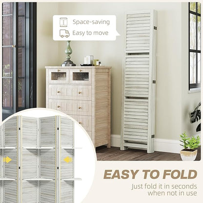 HOMCOM Room Divider, 5 Panel 67" Tall Wood Privacy Screen with 3 Display Shelves, and Folding Storage for Bedroom or Home Office, Distressed White