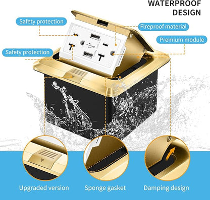 Vagueior Pop Up Floor Electrical Outlet Stainless Steel Box Kit, 5V/4.8A USB Outlet, 20A Tamper-Resistant Receptacle Outlet, Waterproof Power Socket, ETL Certified，Gold（1Pack
