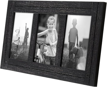 Americanflat Hinged 4x6 Triple Picture Frame with 3 Photo Openings and Polished Glass - Distressed Wood Collage Picture Frames for Tabletop and Wall Display - Hampton Collection - Charcoal Black
