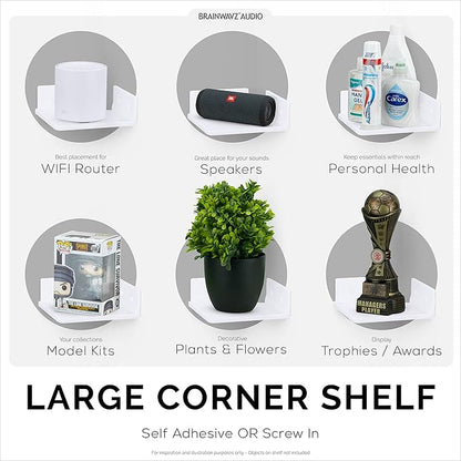 BRAINWAVZ 6.5" Corner Shelf Mount for Speakers, Cameras, Baby Monitors, Plants, Books Electronics, Collectibles & More, Adhesive & Screw in Floating Shelves (White)