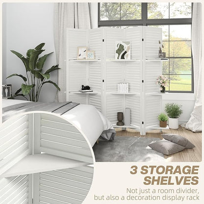 HOMCOM Room Divider, 5 Panel 67" Tall Wood Privacy Screen with 3 Display Shelves, and Folding Storage for Bedroom or Home Office, White