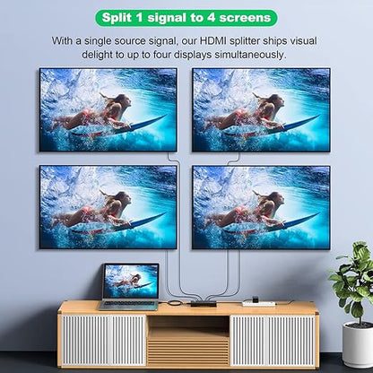 HDMI Splitter 1 in 4 Out, JCHICI HDM1 Switcher Splitter 4K@60Hz 4:4:4, HDMI Spliter for Dual Monitors, EDID Control, Compatible with Xbox PS4 Blu-Ray Player HDTV (1 Source onto 4 Displays)