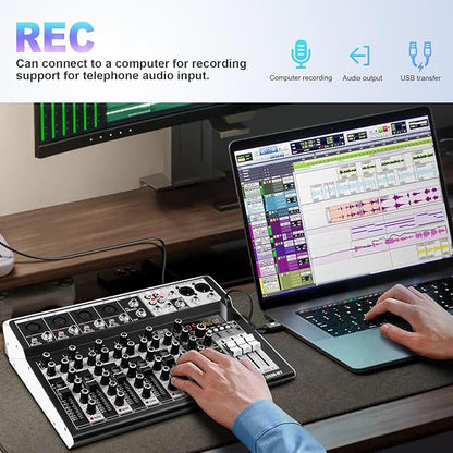 6 Channel Audio Interface Sound Board Mixing Console 16-Bit DSP DJ Mixer Audio Reverb Effect +48V Phantom Bluetooth Studio Audio Mixer For Karaoke Studio Streaming Recording