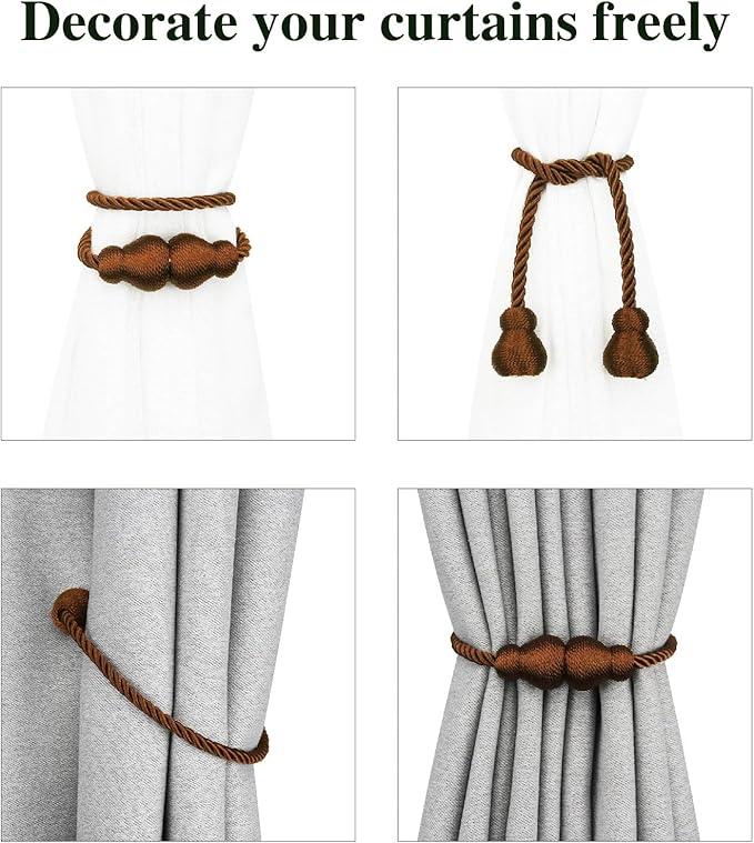 Nieffeiy Magnetic Curtain Tiebacks Outdoor Curtain Tie Backs Rope Decorative Magnetic Curtain Holders for Drapes Window Treatment Holdbacks, Brown 2Pack
