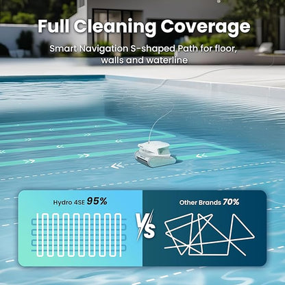 Hydro 4SE Robotic Pool Cleaner, S-Shaped Path/Auto Wall/Waterline Cleaning, 40FT Long Cable/4 Cleaning Modes, 4.1L Large Filter Basket Pool Vacuum Ideal for Inground/Above Pools