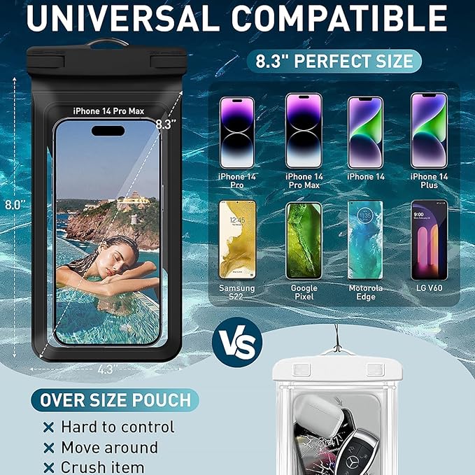 Waterproof Phone Case, with Inside Card Bag, Waterproof Phone Pouch for iPhone, Cell Phone Dry Bag for Cruise Travel Vacation Accessories Large Phone Holder, 2 Pack-Black