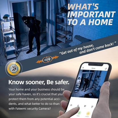 faleemi 2K WiFi Security Camera for Home with Cell Phone App Control, Color Night Vision, Ai Motion Detection, Auto Tracking, 2 Way Audio, Waterproof, Local/Cloud Storage, Compatible with Alexa