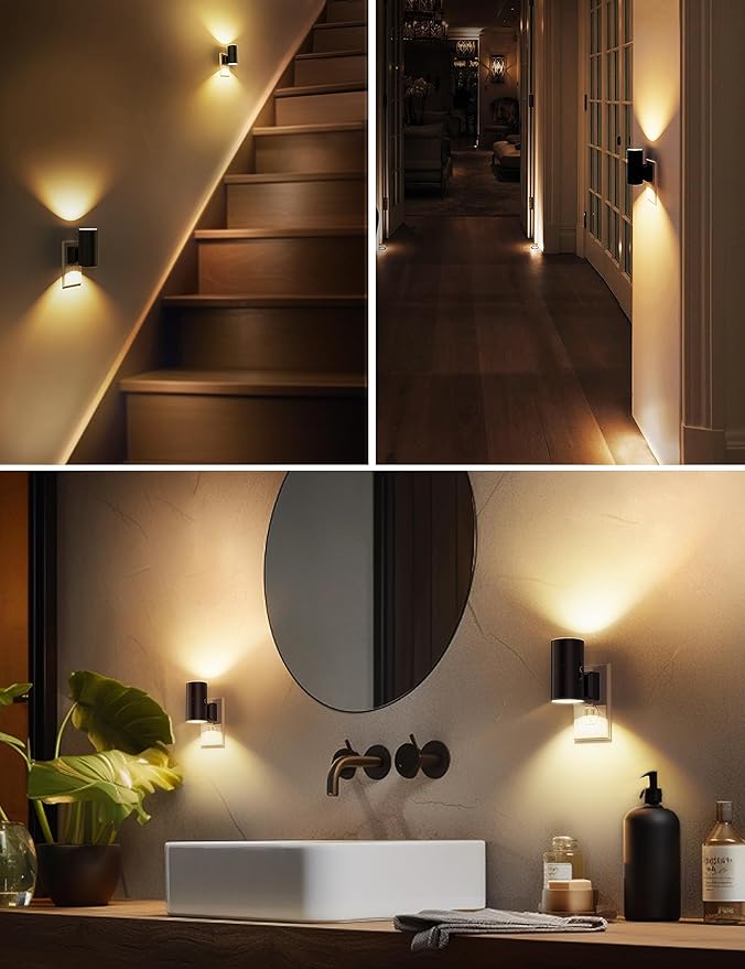L LOHAS LED Night Light Plug in, 4 Pack, Dimmable Night Lights Plug into Wall, Light Sensor Nightlight, Soft White 3000K with Black Shade, Plug in Nightlights for Hallway Bathroom Kitchen Bedroom