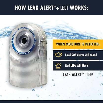 Zircon Leak Alert + LED! Water Leak Detector & Flood Sensor Alarm/Water Leak Sensor with Dual Leak Alarms 90Db Audio + Flashing LED Lights/Battery Powered-Batteries Not Included, 1 Pack (72332),White