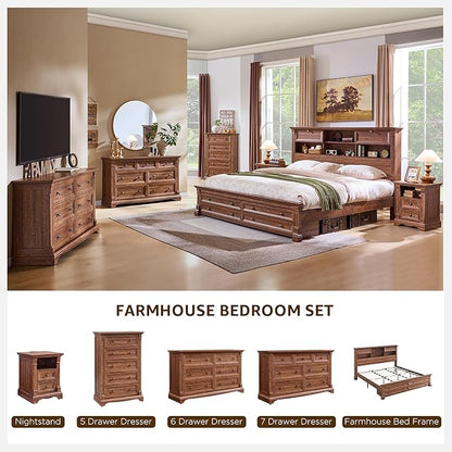 T4TREAM Farmhouse Nightstand Set of 2, 18" Sofa Side Table with Charging Station, Wooden End Table w/Roman Column, Bedside Cabinet for Bedroom, Living Room, Reclaimed Barnwood