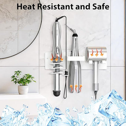 Dovyn Blow Dryer Holder Wall Mount, 3 in 1 Bathroom Hair Tool Organizer with Curling Iron Holder & Flat Iron Holder, Universal Hair Dryer Holder Rack Storage White