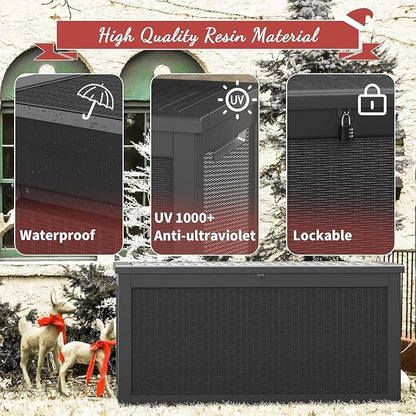 NUNU LAB Outdoor Storage Box, 320 Gallon Deck Box, Resin Waterproof Outside Storage Bench, Outdoor Storage Cabinet With Lockable Lid, Backyard Deck Box For Garden Tools, Patio Cushions, Black