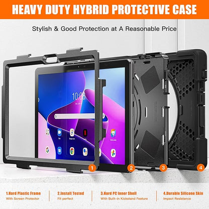 Junfire Shockproof Case for Lenovo Tab M10 3rd Gen 10.1 inch 2022, Heavy Duty Rugged Case with Hand Strap/360°Rotating Kickstand/Shoulder Belt for TB-326FU/TB-328XU,Black