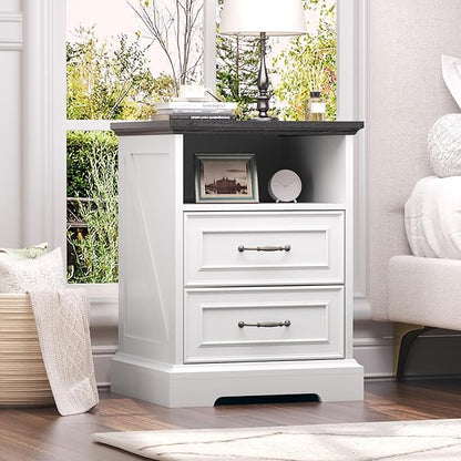 Nightstand with Charging Station,18" Wide End Table with 2 Large Drawers & Metal Handles,Rustic Farmhouse Wood Small Dresser,Bedside Table,Modern Chest of Drawers for Bedroom,Living Room,Off White