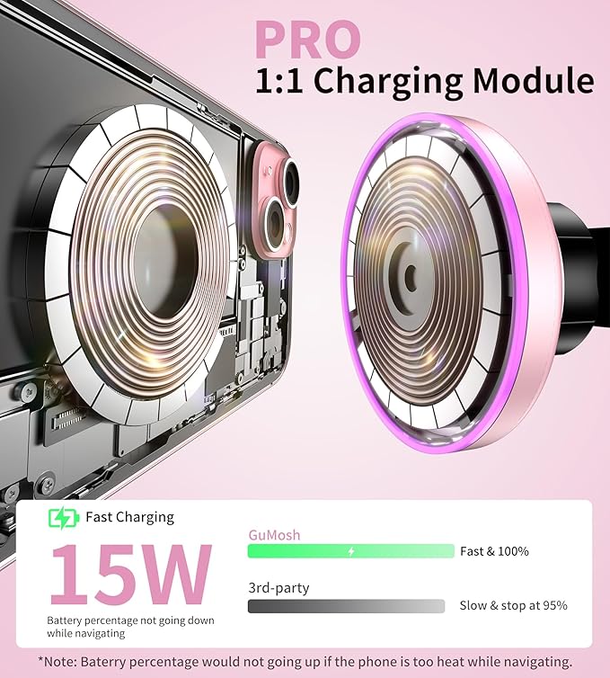 for MagSafe Car Mount Charger Dash/Windshield/Vent Wireless Car Charger with [LED Light], Strong Magnetic Phone Holder for Car for iPhone 16 15 14 13 12 Series, Fit MagSafe Accessories (Pink)