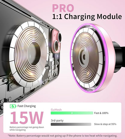 for MagSafe Car Mount Charger Dash/Windshield/Vent Wireless Car Charger with [LED Light], Strong Magnetic Phone Holder for Car for iPhone 16 15 14 13 12 Series, Fit MagSafe Accessories (Pink)