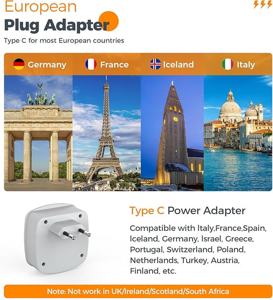 European Travel Plug Adapter, TESSAN Type C Adaptor with 2 Electrical Outlets 2 USB Ports (1 USB C), EU Power Adapter for US to Europe International Iceland Spain Italy France Germany Greece
