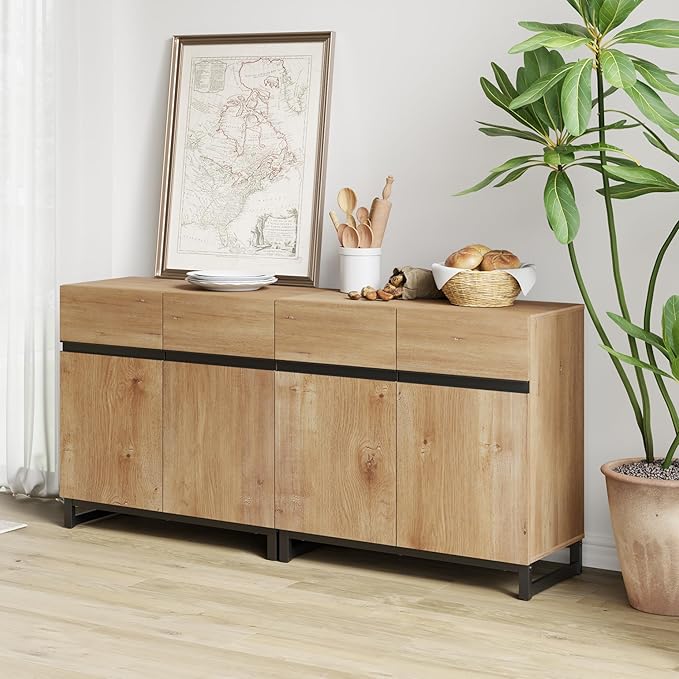 WAMPAT Modern TV Stand for TVs up to 70 inch, 2 in 1 Entertainment Center TV Console with Adjustable Shelves and Metal Base for Living Room,Bedroom,Oak