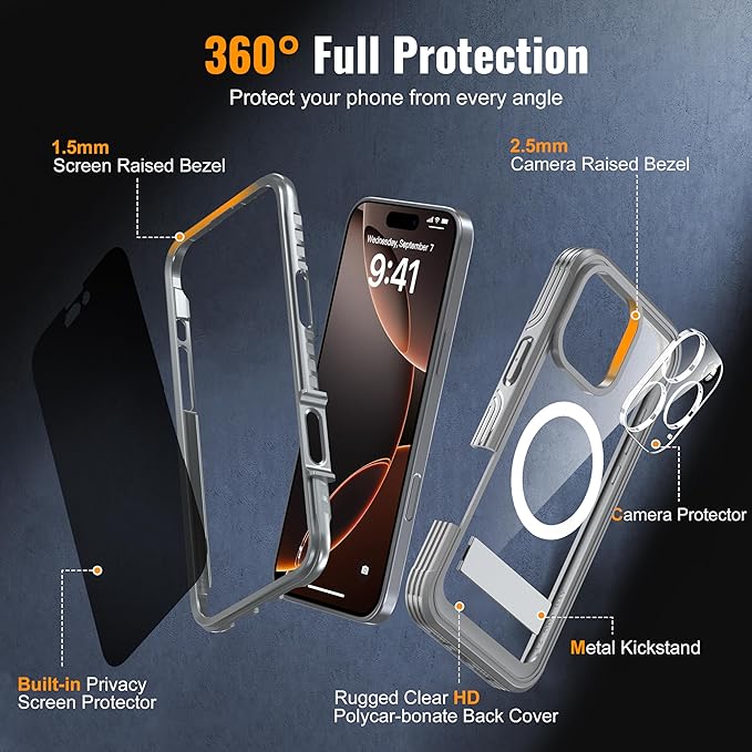 Magnetic & Stand for iPhone 16 Pro Max Case Built-in Privacy Screen Protector[360° Full Body Protection][Fit for Magsafe][Lens Protector] Heavy Duty Shockproof Case for iPhone 16 Pro Max Gray